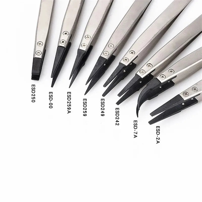 8x Anti-Static ESD Tweezers Stainless Steel Body Carbon Fibre Conductive Plastic Tweezers