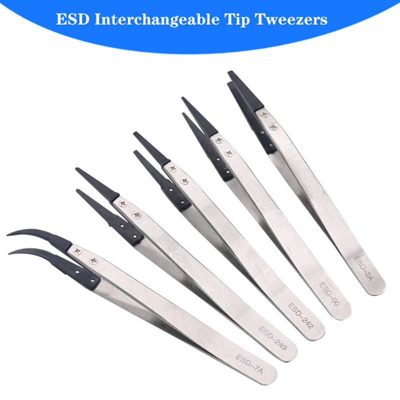 8x Anti-Static ESD Tweezers Stainless Steel Body Carbon Fibre Conductive Plastic Tweezers