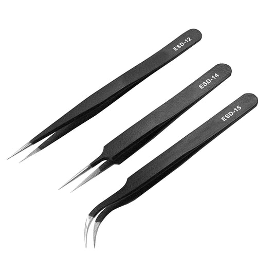 3pcs Metal Non-magnetic Stainless Steel Anti-static Tweezers ESD Plier