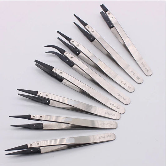 8x Anti-Static ESD Tweezers Stainless Steel Body Carbon Fibre Conductive Plastic Tweezers